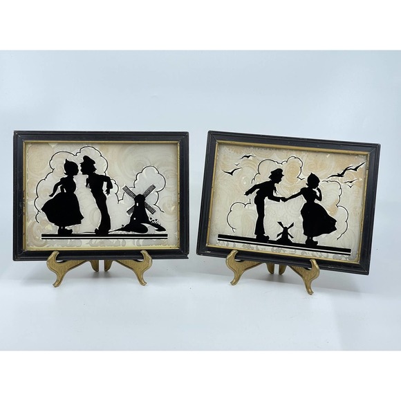 Vintage Other - Vintage Pair Framed Dutch Sweethearts Silhouettes "Bashful" "Dutch Treat" 6"x8"